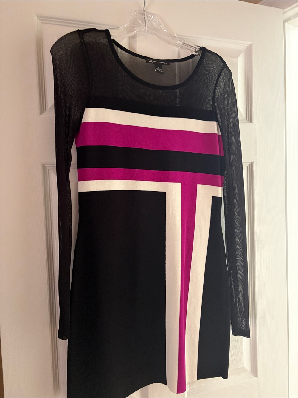 INC International Concepts Black, Fuchsia & White Long-Sleeve Geometric Dress